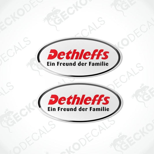 Two round vinyl decals with a red and white 'DETHLEFFS' logo, placed on a white background.