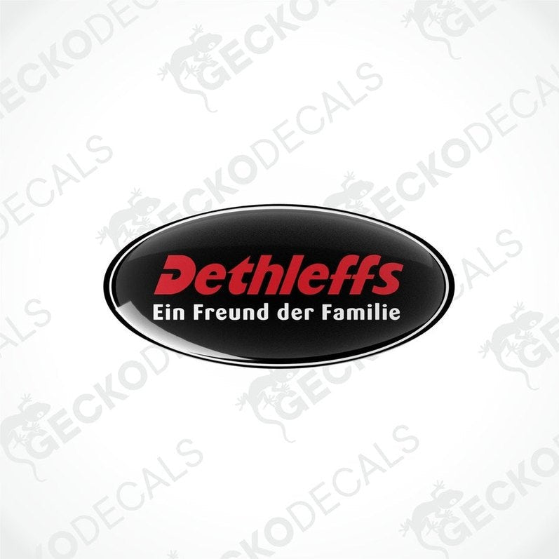 Two oval black vinyl decals with red text 'Dethleffs Ein Freund der Familie' on a white background.