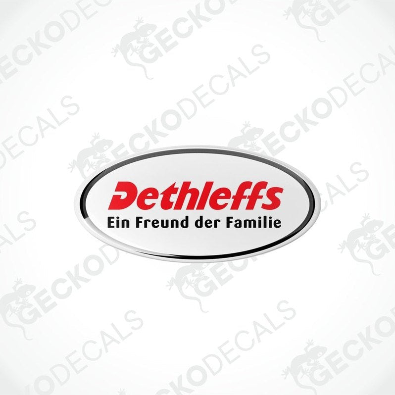 Two round vinyl decals with a red and white 'DETHLEFFS' logo, placed on a white background.