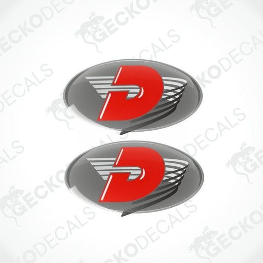 Two oval-shaped red and white vinyl decals with a polyurethane coating designed for caravan use.