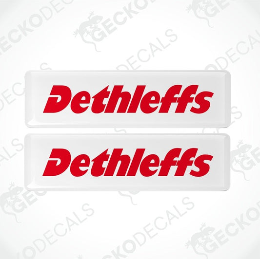 Set of two Dethleffs vinyl decals featuring glossy domed finish for caravans