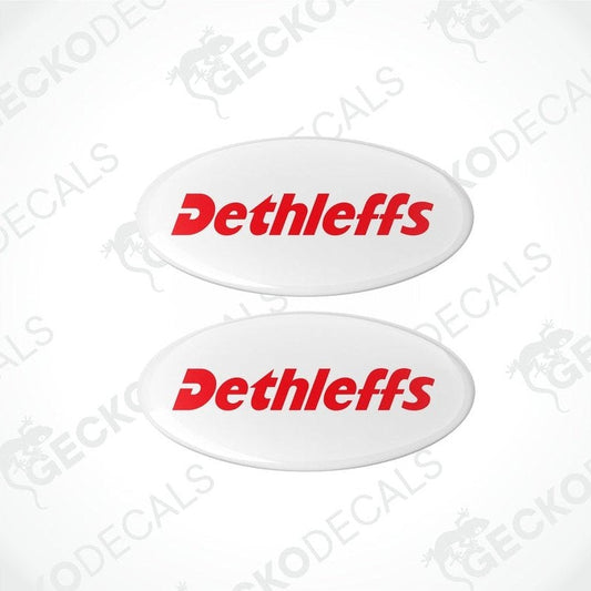 Set of two Dethleffs caravan epoxy resin stickers with glossy domed finish