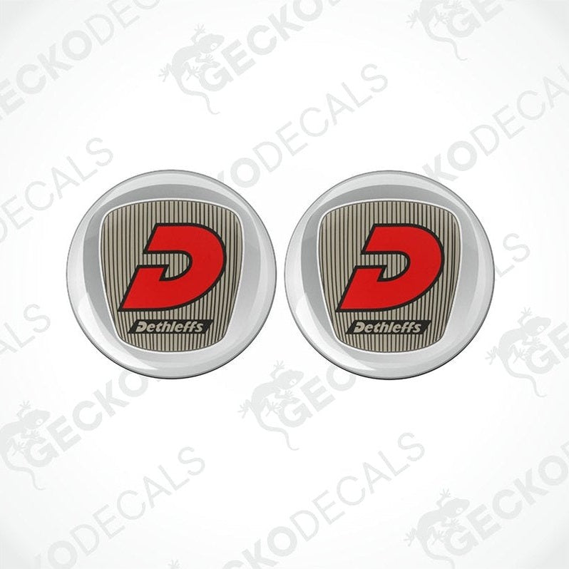 Set of two Dethleffs epoxy resin caravan decals with domed shield design