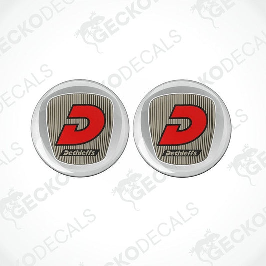 Set of two Dethleffs epoxy resin caravan decals with domed shield design