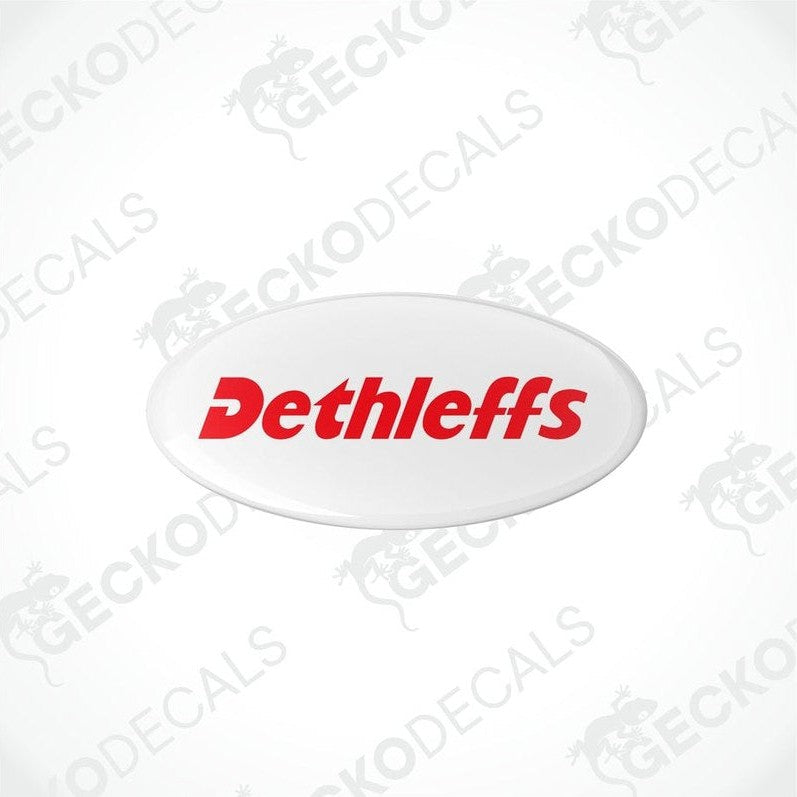 Dethleffs oval epoxy decal with domed polyurethane coating in red on white