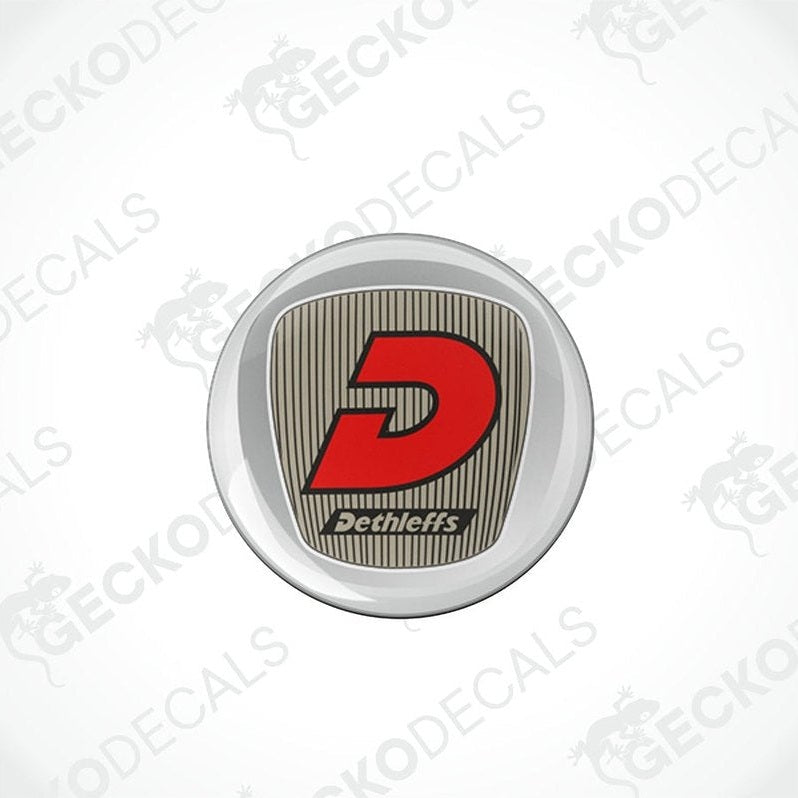 Single Dethleffs domed vinyl decal featuring red D logo and stripes