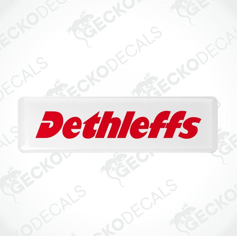 Dethleffs epoxy caravan decal with domed polyurethane coating in red on white