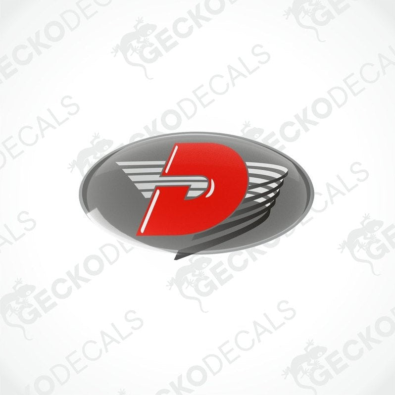 Two oval-shaped red and white vinyl decals with a polyurethane coating designed for caravan use.