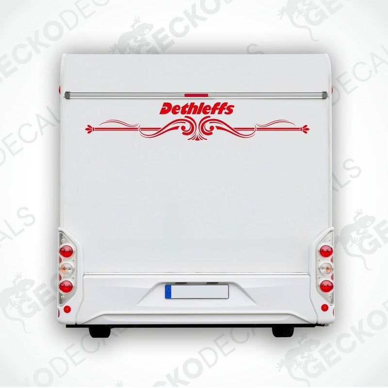 A white Dethleffs brand decal for a caravan, featuring red and grey detailing and the Dethleffs logo.