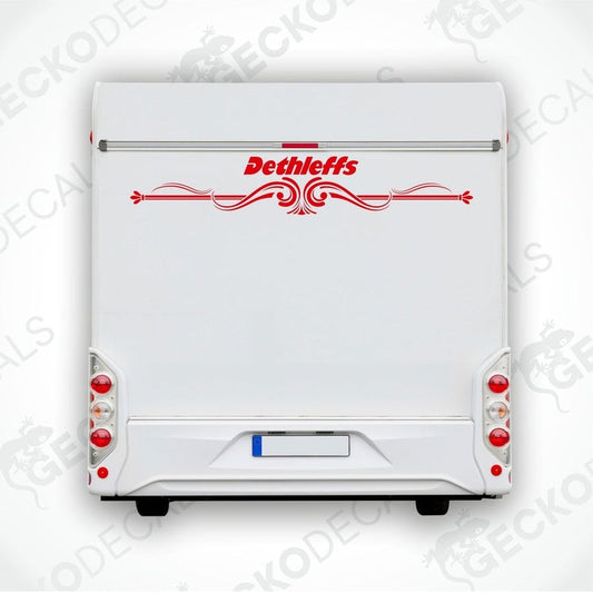 A white Dethleffs brand decal for a caravan, featuring red and grey detailing and the Dethleffs logo.