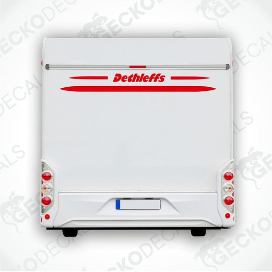 A white caravan with a red 'Dethleffs' decal on the rear side.