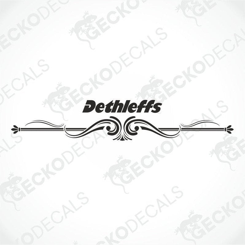 A white Dethleffs brand decal for a caravan, featuring red and grey detailing and the Dethleffs logo.