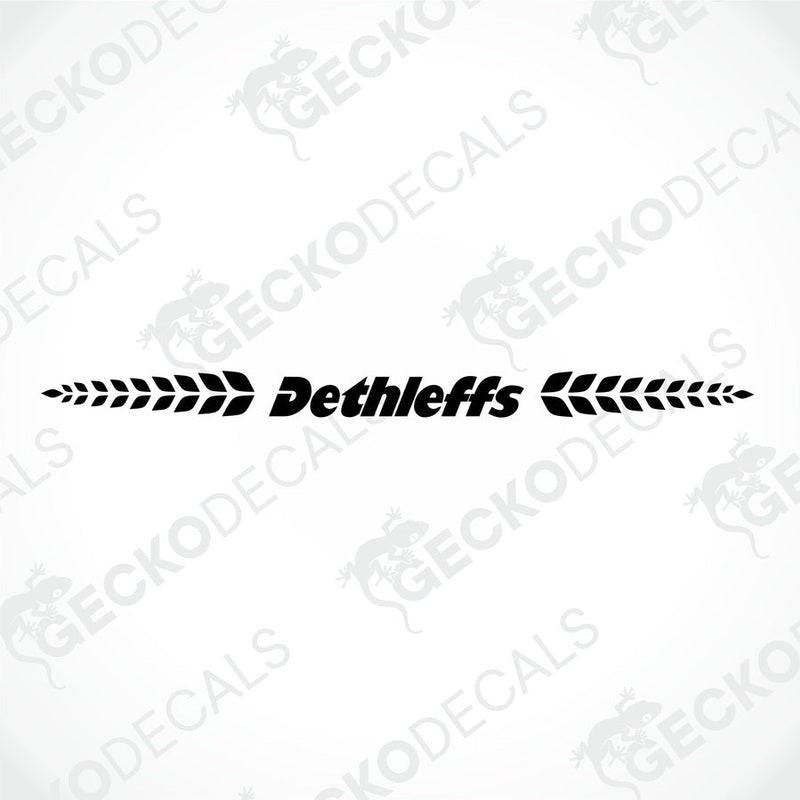 A white Dethleffs brand decal for a caravan, featuring the Dethleffs logo in red and white.