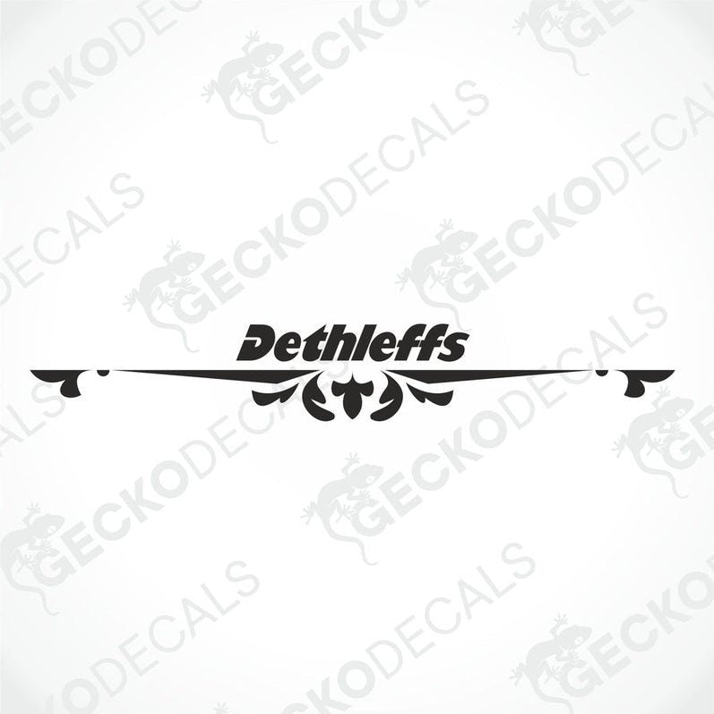 A white Dethleffs brand decal for a caravan, featuring the company's logo and a red border.