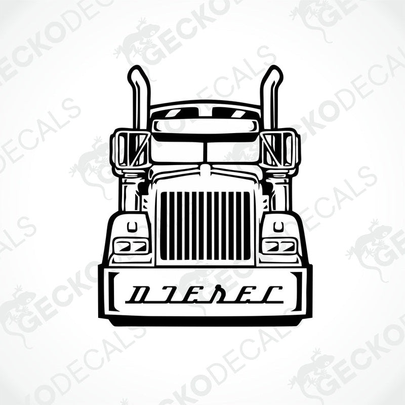 A black and white decal of the front end of a diesel truck