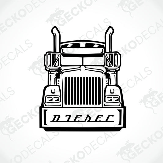 A black and white decal of the front end of a diesel truck