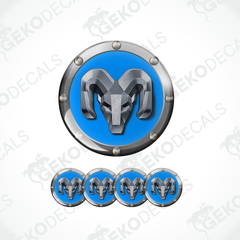 Blue and silver ram logo epoxy decal with metallic border on a white background