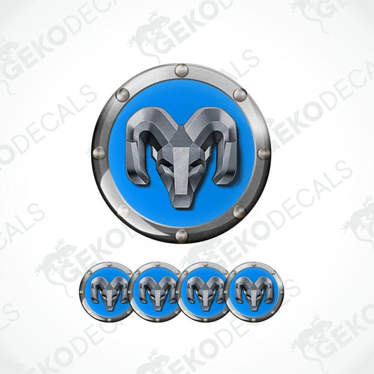 Blue and silver ram logo epoxy decal with metallic border on a white background