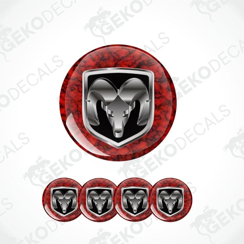 A set of four red and black vinyl stickers with a dodge ram logo design, displayed on a white background.