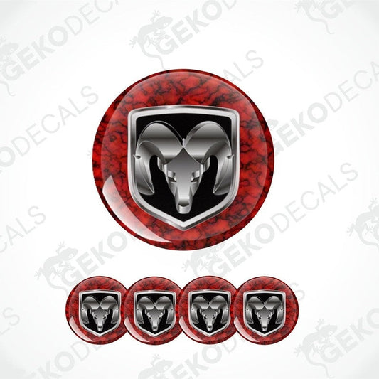A set of four red and black vinyl stickers with a dodge ram logo design, displayed on a white background.