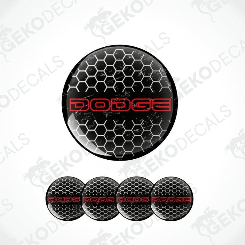 A set of vinyl decals for a Dodge vehicle, featuring a honeycomb pattern with the 'Dodge' logo in red at the center, accompanied by four smaller decals with the same design.