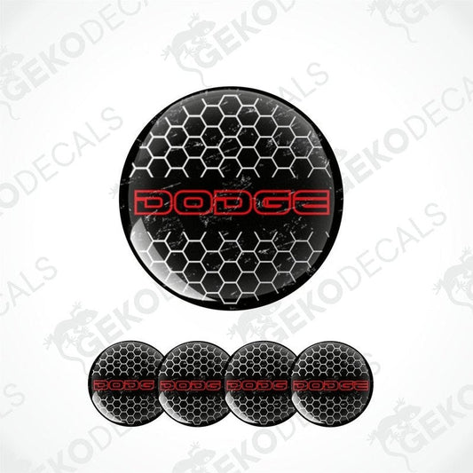 A set of vinyl decals for a Dodge vehicle, featuring a honeycomb pattern with the 'Dodge' logo in red at the center, accompanied by four smaller decals with the same design.