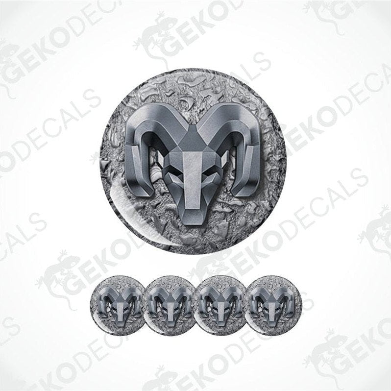 Metallic ram logo decal set on a textured background with 'Geckodecals'