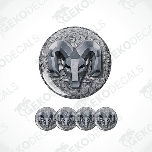 Metallic ram logo decal set on a textured background with 'Geckodecals'