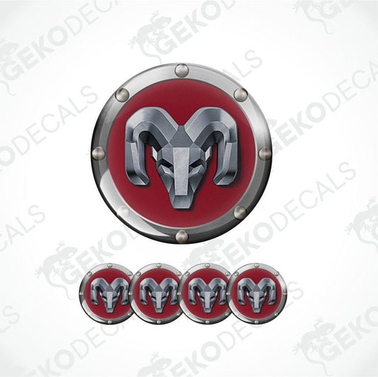 Dark red and silver logo with a ram design epoxy decal on a white background