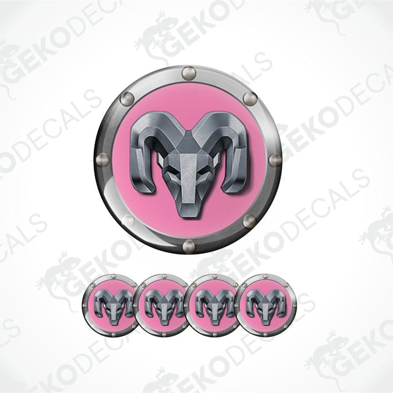 Pink and silver emblem with a ram logo  epoxy decal on a white background