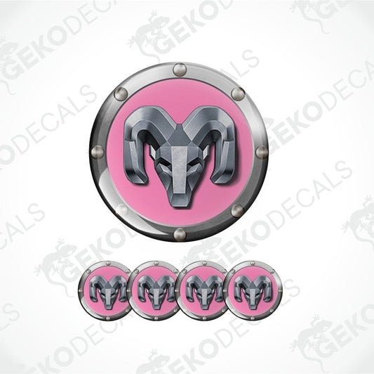 Pink and silver emblem with a ram logo  epoxy decal on a white background