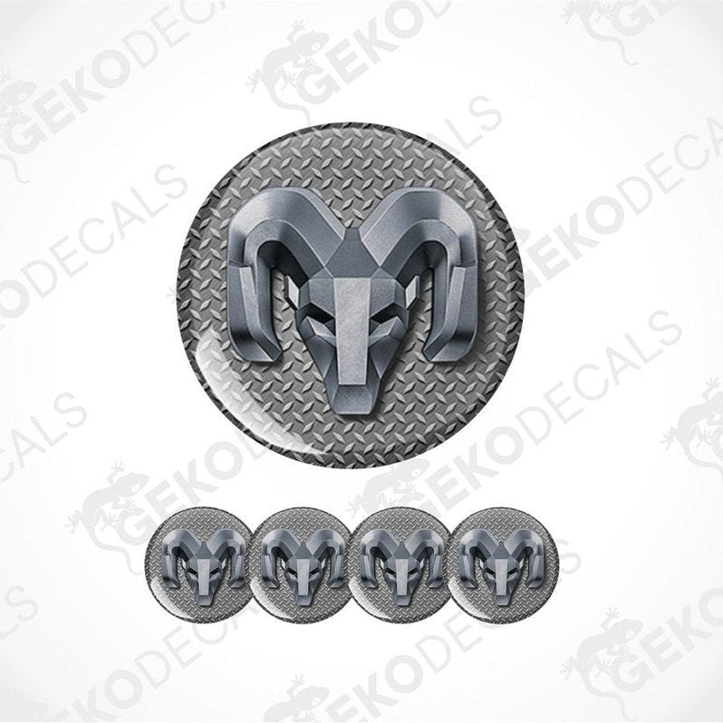Set of metallic ram logo emblems on a white background with 'Geckodecals' branding.