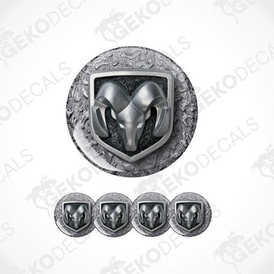 Metallic ram head logo with five smaller versions on a white background