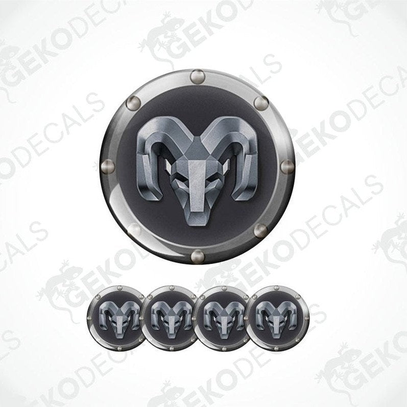 Dark metallic ram logo with decorative border epoxy decal on a white background