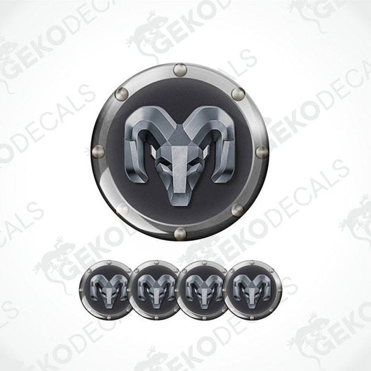 Dark metallic ram logo with decorative border epoxy decal on a white background