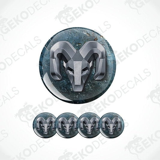Set of metallic gray ram decals on a white background with 'Geckodecals' branding.