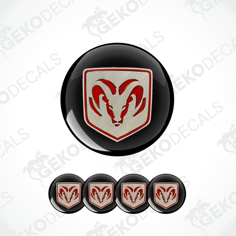 A set of four black vinyl stickers with a red and white ram design, displayed on a white background.