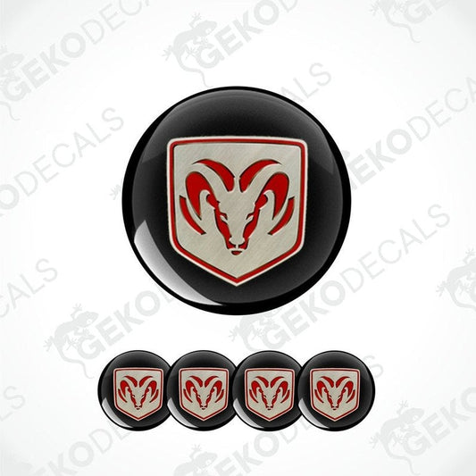 A set of four black vinyl stickers with a red and white ram design, displayed on a white background.
