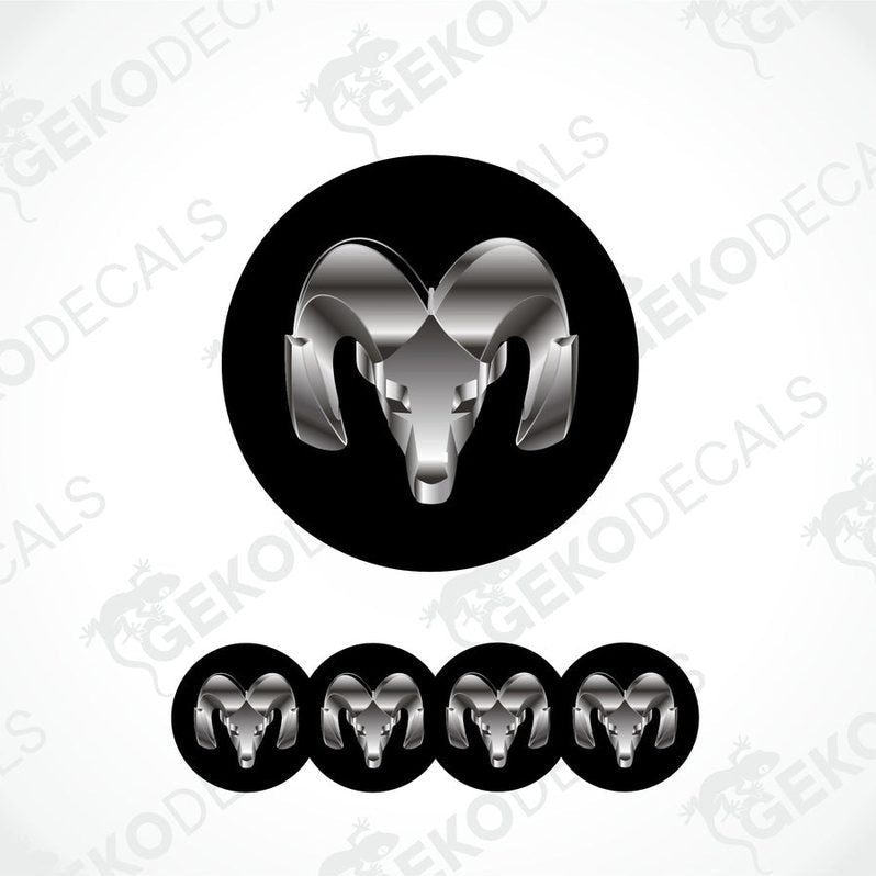 A set of four black vinyl stickers with a geometric design, including a stylized ram's head.