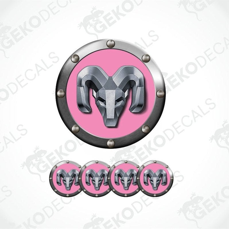 Pink and silver ram logo decal with additional logos below on a white background.