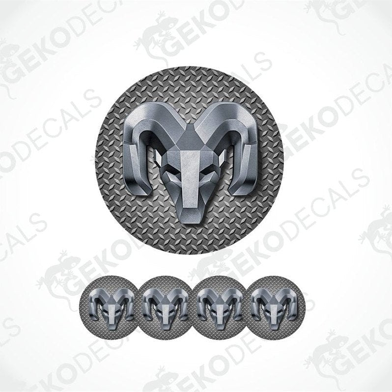 Set of metallic Dodge Ram logo emblems on a textured background with 'Geckodecals' branding.