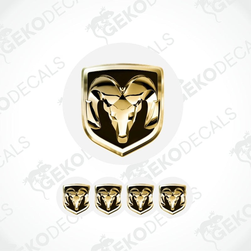Gold ram logo and smaller versions on a white background with 'Gekodecals' branding.