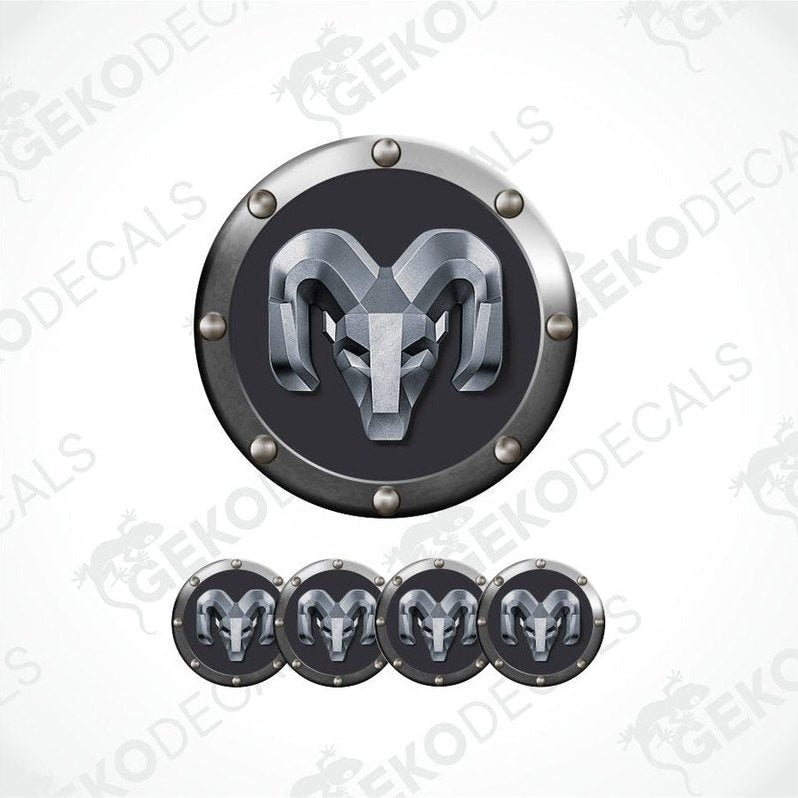 Dark metallic ram logo with decorative elements on a white background