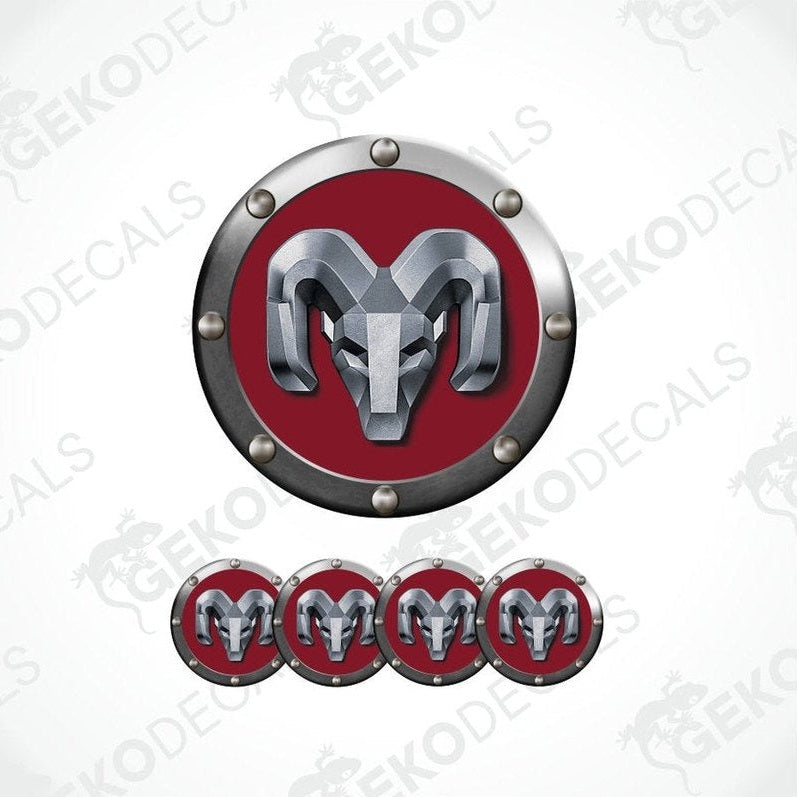Metallic ram logo on dark red background with decorative elements on a white background
