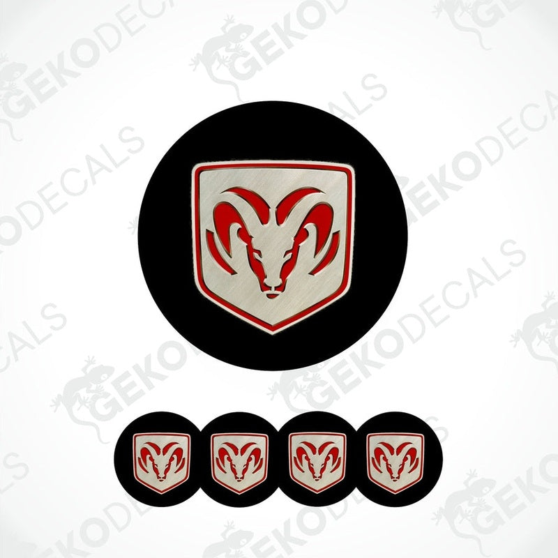 A set of four black vinyl stickers with a red and white ram design, displayed on a white background