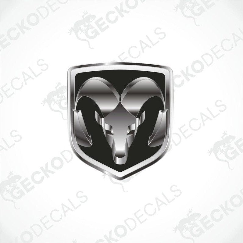 Vinyl decals with a polyurethane coating featuring a ram's head on a shield-shaped background, intended for use as car decals.