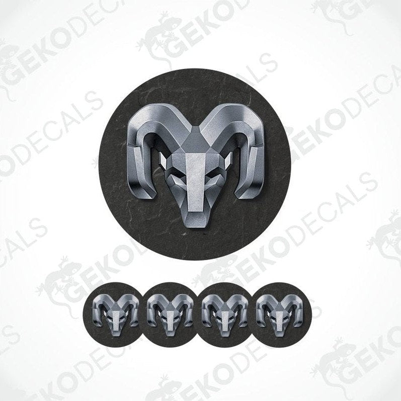 Metallic ram head logo with five smaller versions below on a white background.