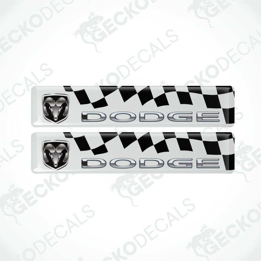 Two white and black checkered vinyl decals with the Dodge logo