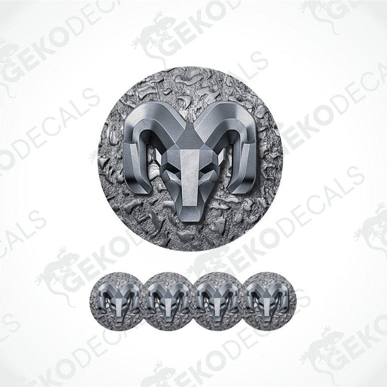Metallic ram logo decal set on a textured background with 'Geckodecals' branding.