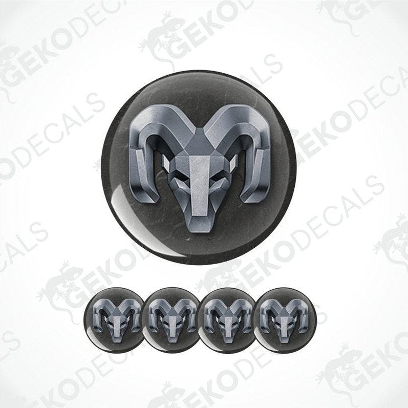 three-dimensional metallic ram's head inside a black circle